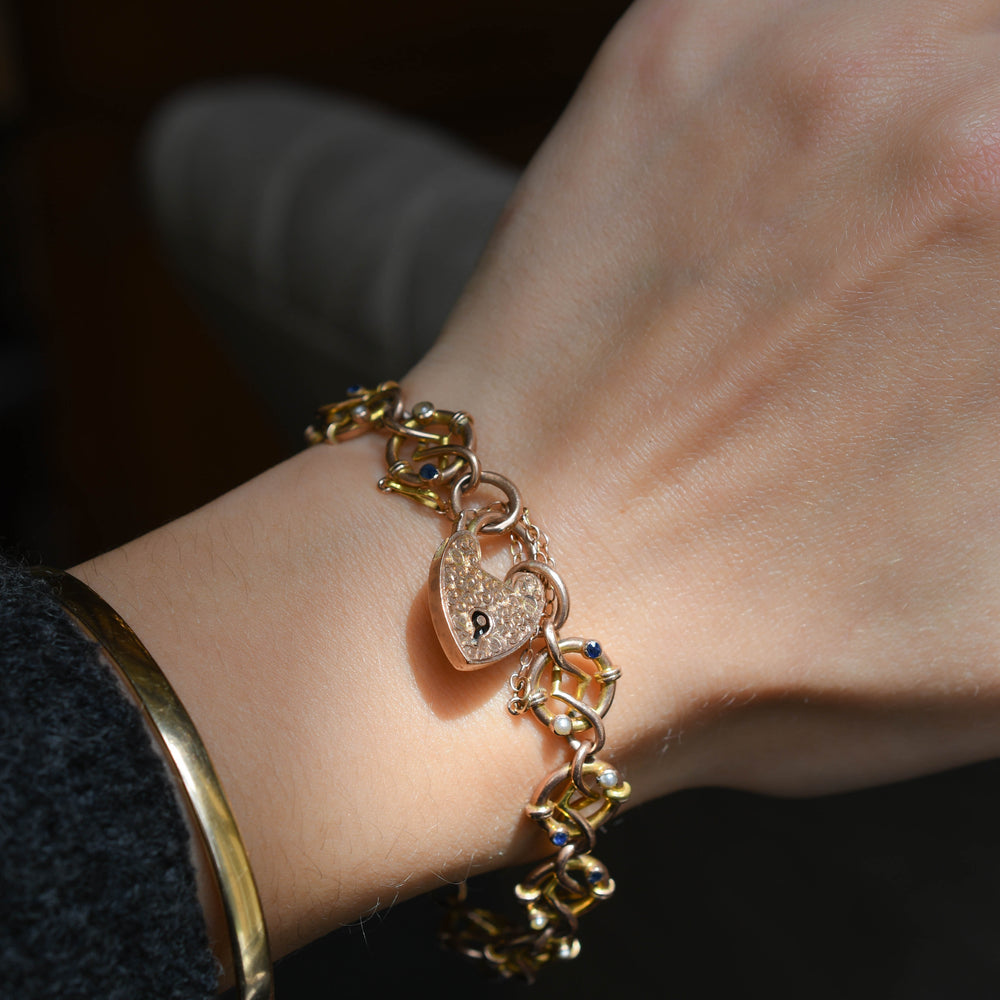 Edwardian Sapphire & Pearl Fancy-Link Heart Padlock Bracelet