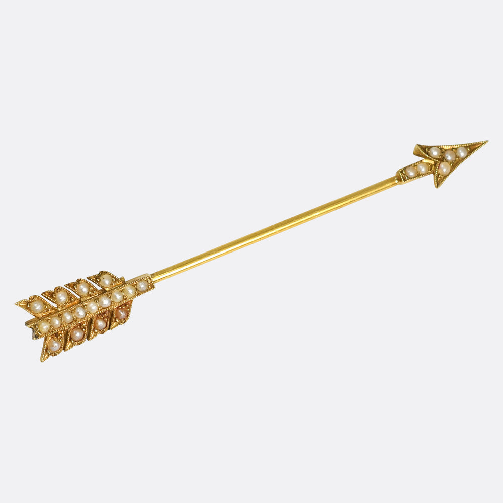 Edwardian 15k Gold & Pearl Arrow Jabot Pin
