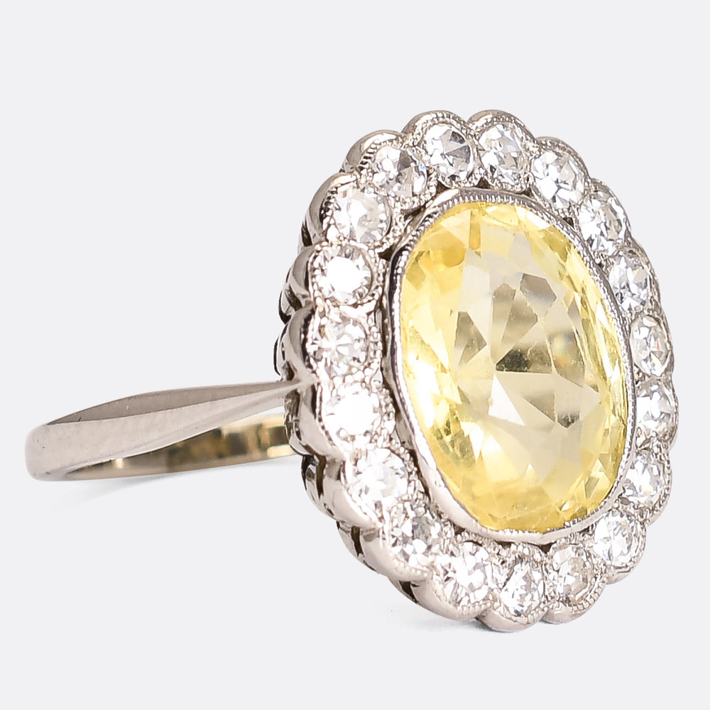 Edwardian 3.75 Carat Yellow Sapphire & Diamond Cluster Ring