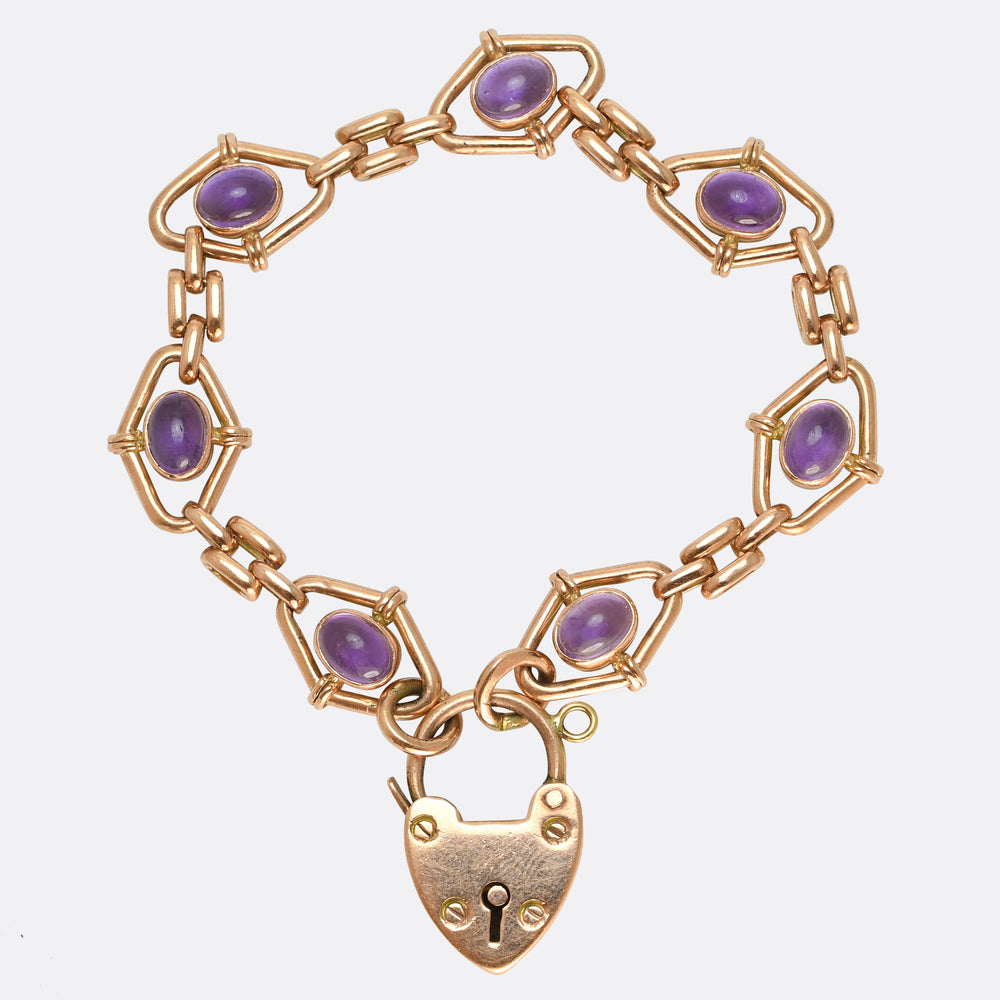 Edwardian Amethyst Fancy-Link Bracelet with Heart Padlock Clasp