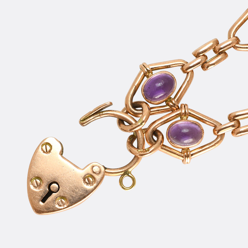 Edwardian Amethyst Fancy-Link Bracelet with Heart Padlock Clasp