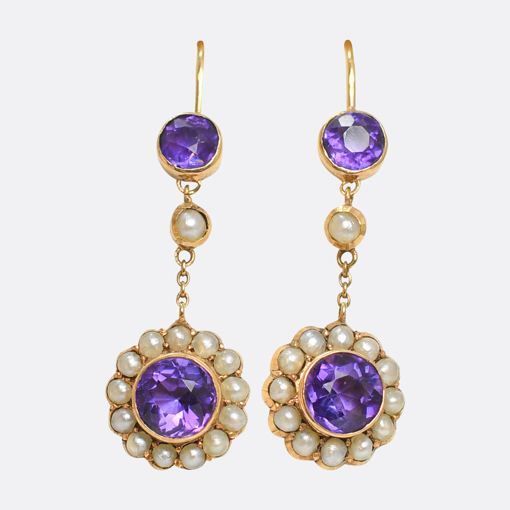 Edwardian Amethyst & Pearl Cluster Drop Earrings