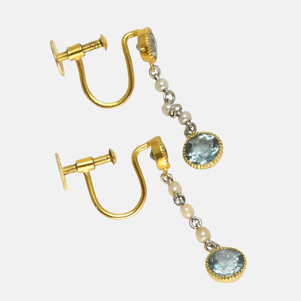 Edwardian Aquamarine & Pearl Drop Earrings