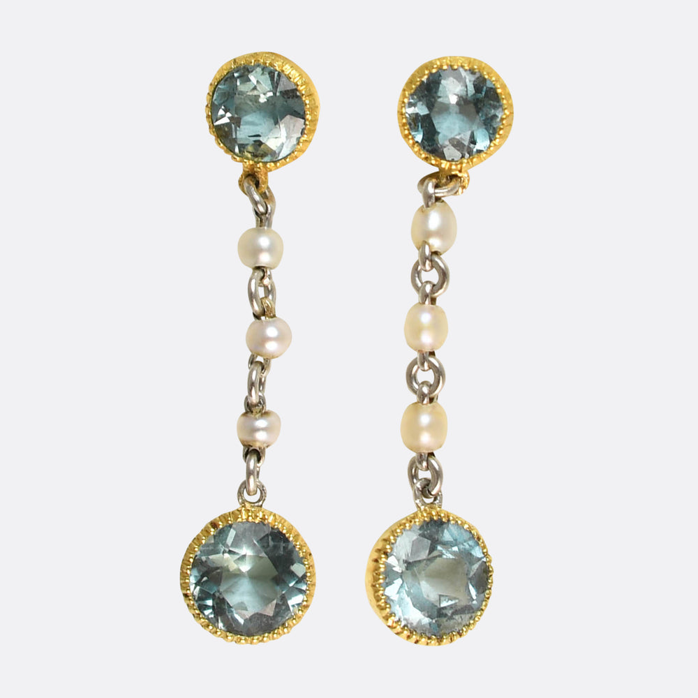 Edwardian Aquamarine & Pearl Drop Earrings