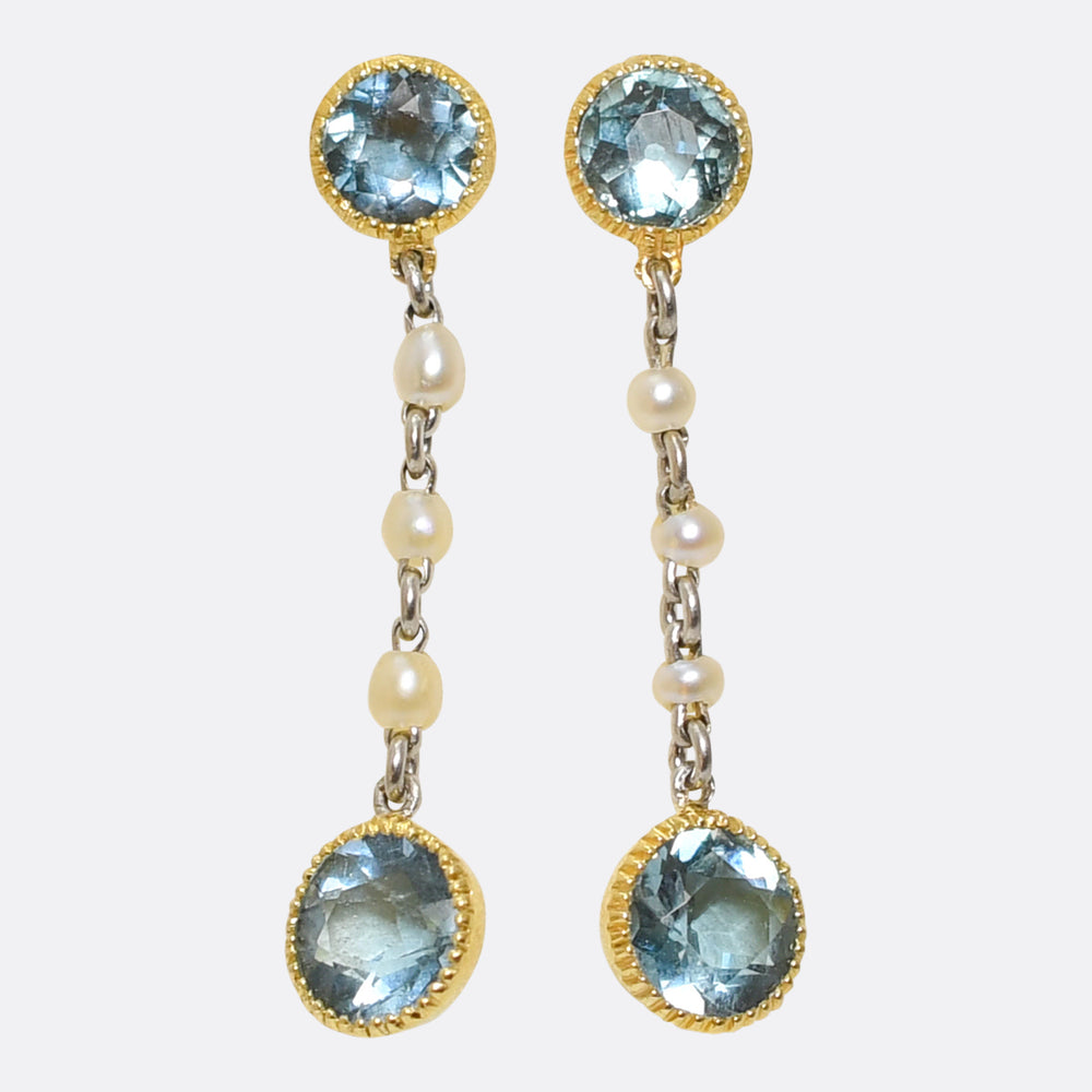 Edwardian Aquamarine & Pearl Drop Earrings