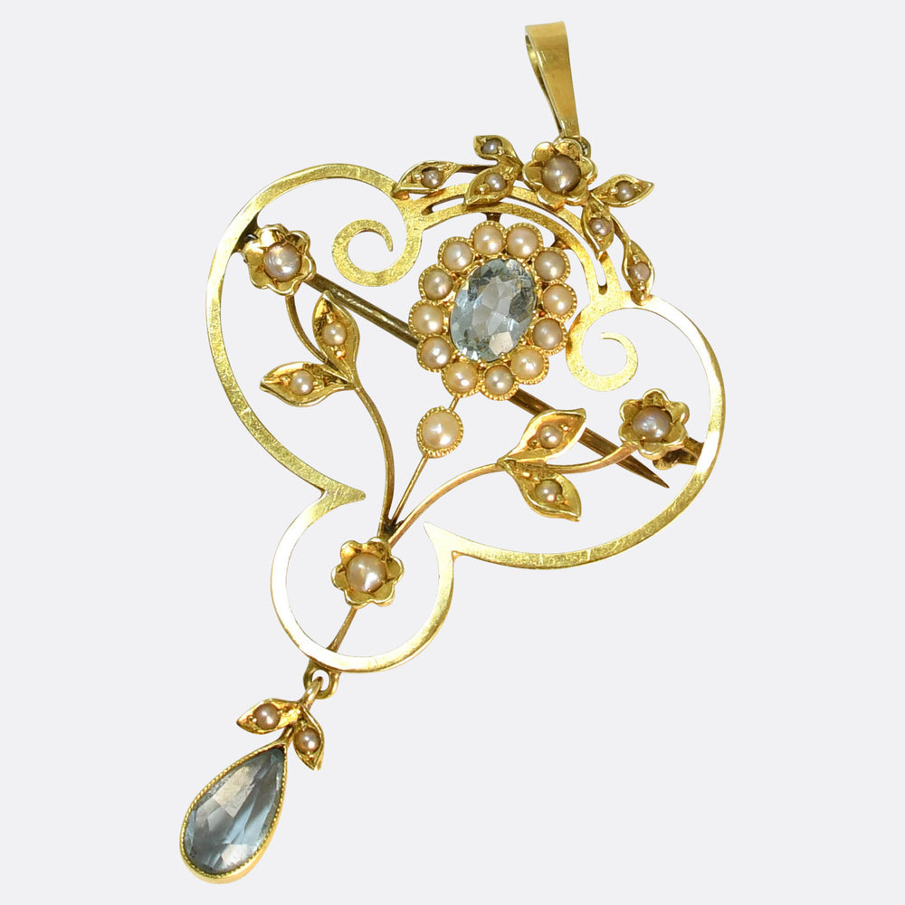Edwardian Aquamarine & Pearl Lavaliere Pendant