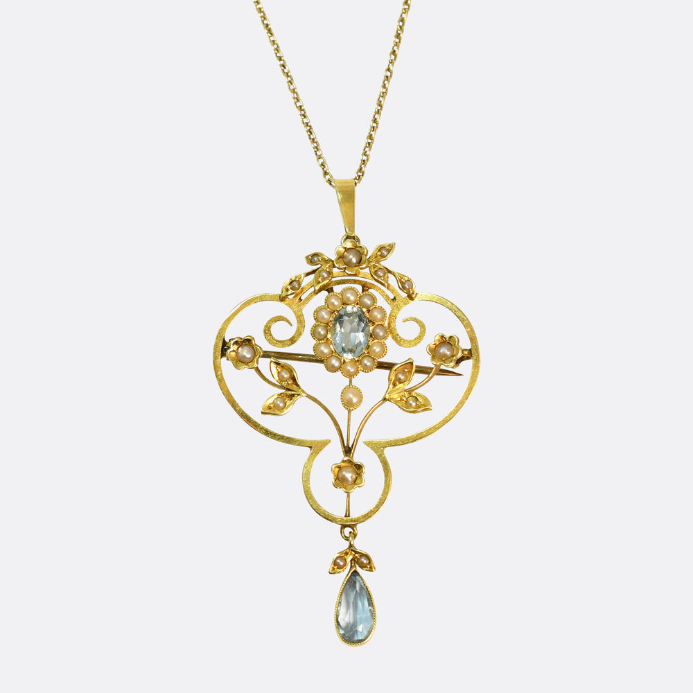 Edwardian Aquamarine & Pearl Lavaliere Pendant