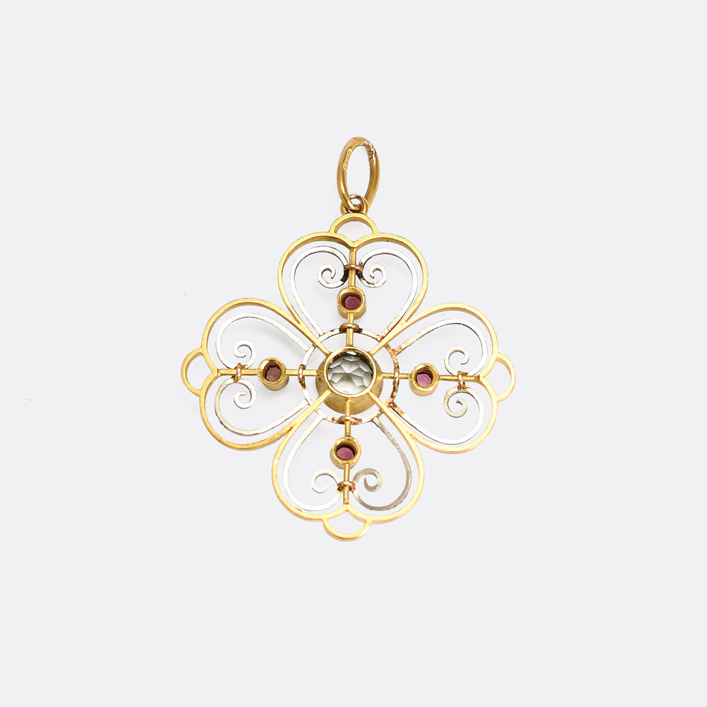 Edwardian Aquamarine & Ruby Flower Pendant