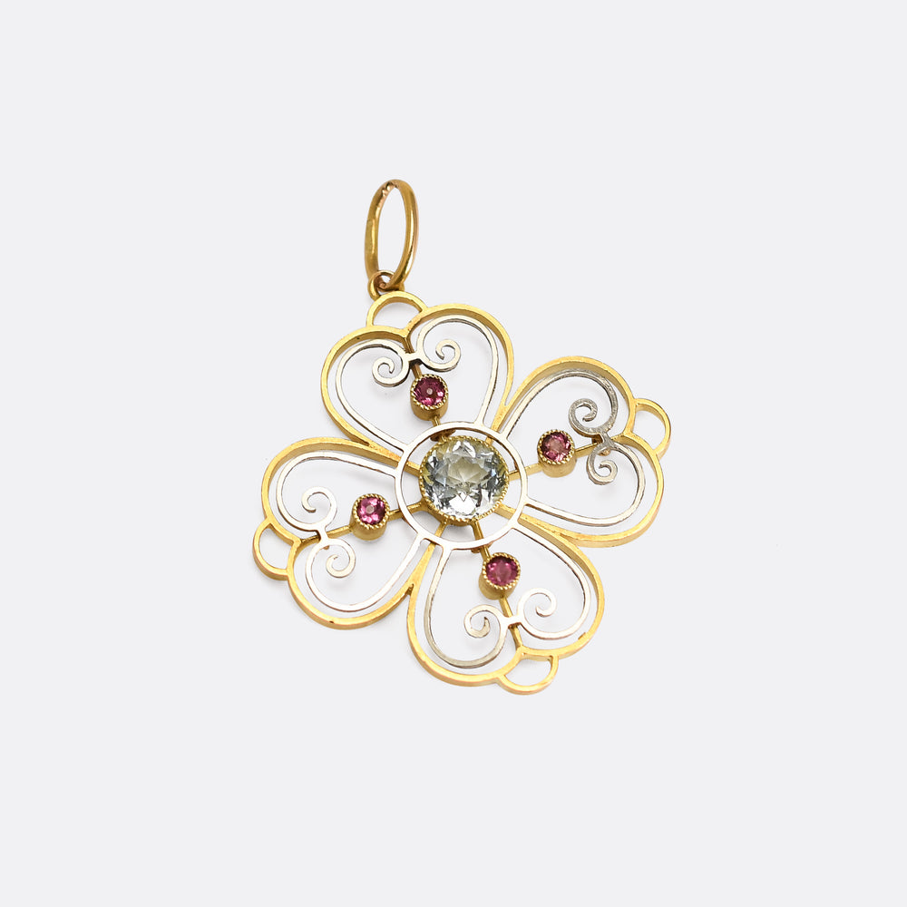 Edwardian Aquamarine & Ruby Flower Pendant