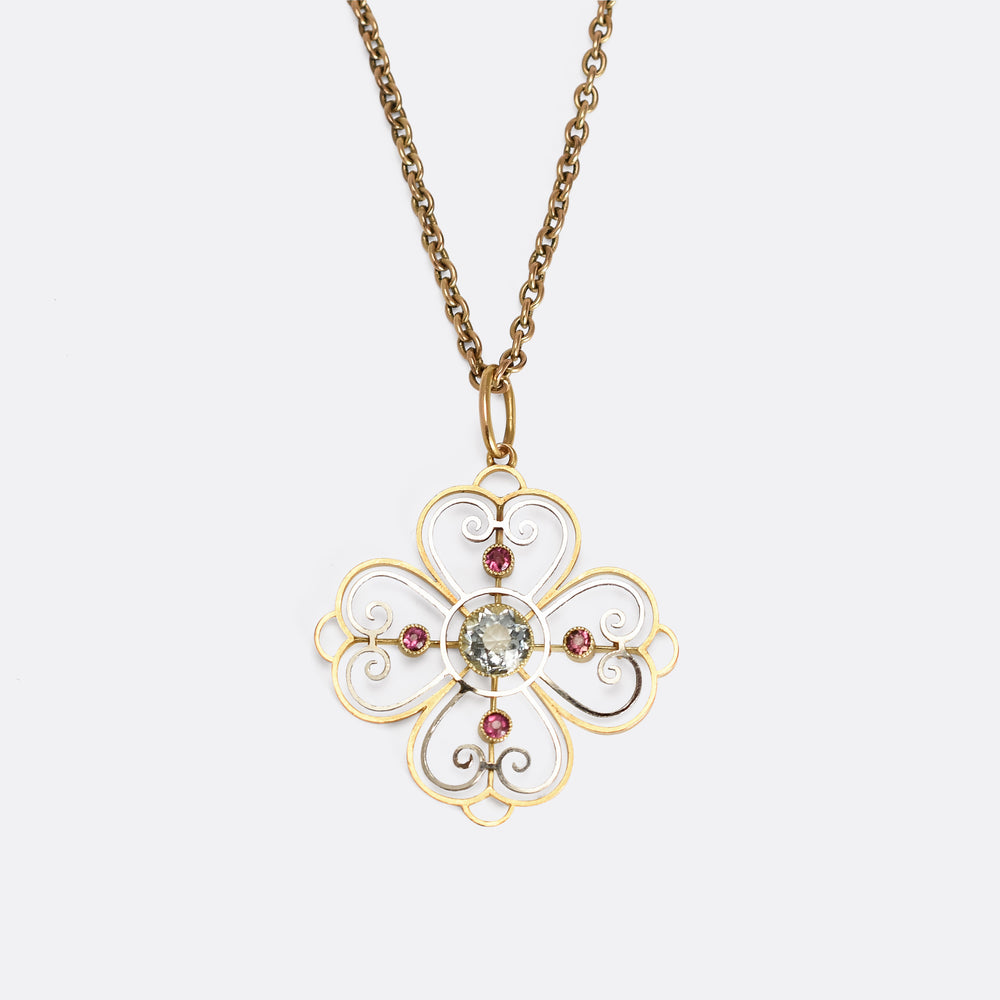 Edwardian Aquamarine & Ruby Flower Pendant
