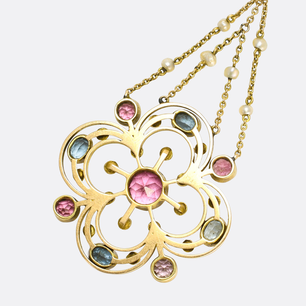 Edwardian Aquamarine, Tourmaline & Pearl Flower Drop Pendant