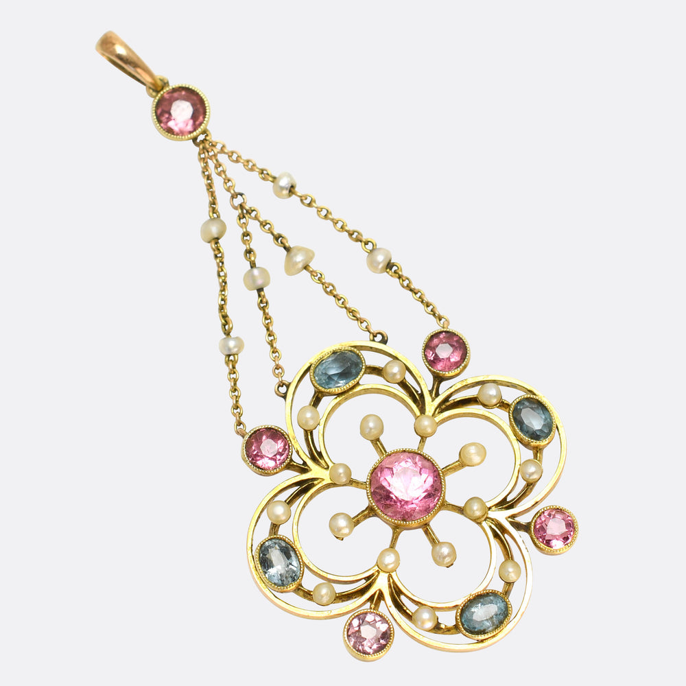 Edwardian Aquamarine, Tourmaline & Pearl Flower Drop Pendant