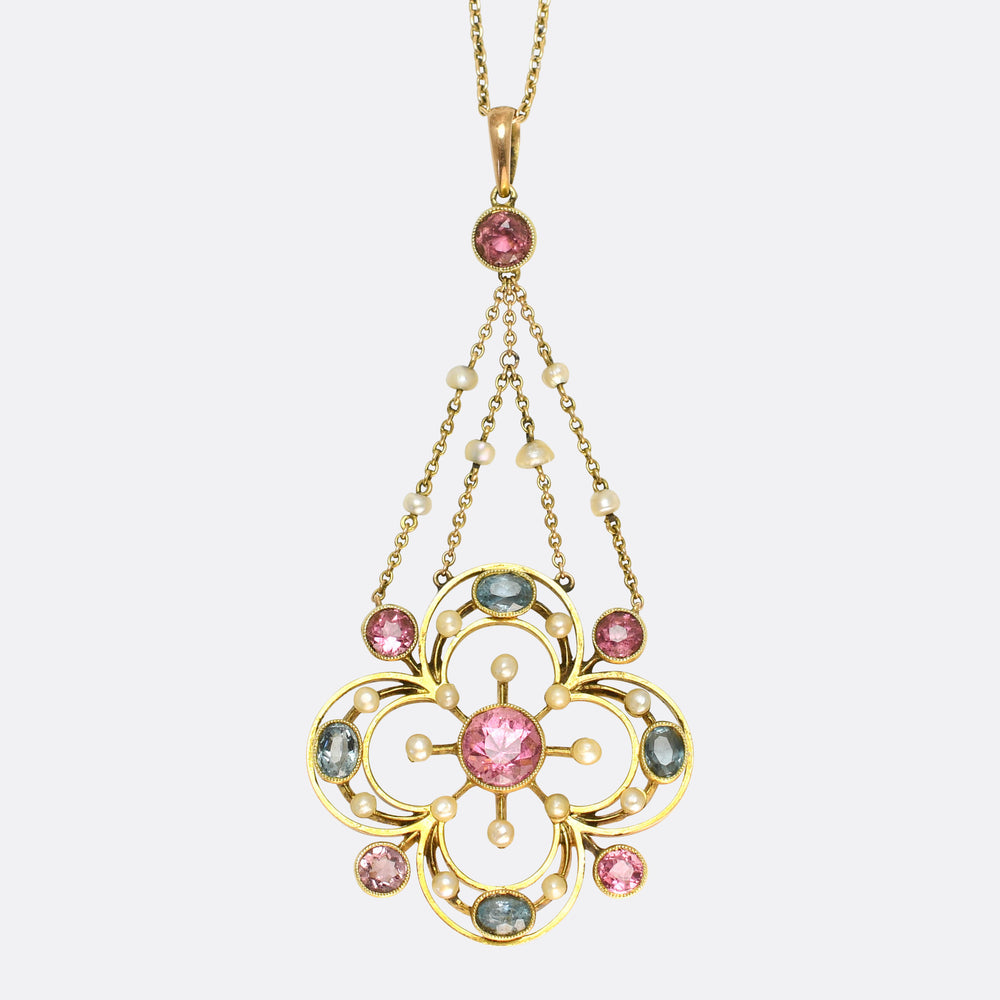 Edwardian Aquamarine, Tourmaline & Pearl Flower Drop Pendant