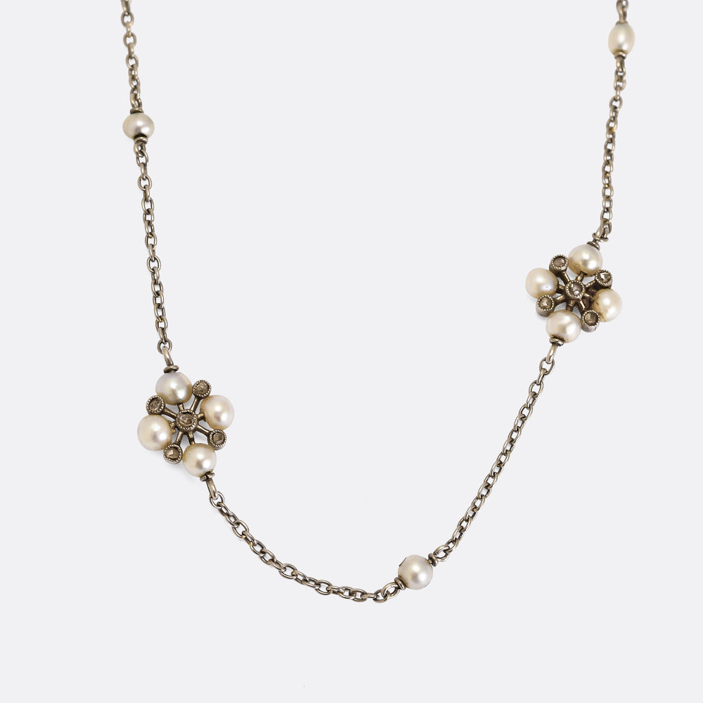 Edwardian Boucheron Diamond & Pearl Chain