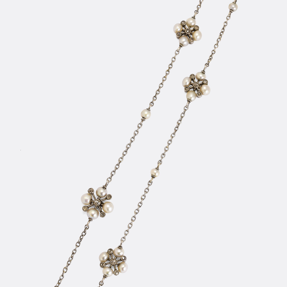 Edwardian Boucheron Diamond & Pearl Chain