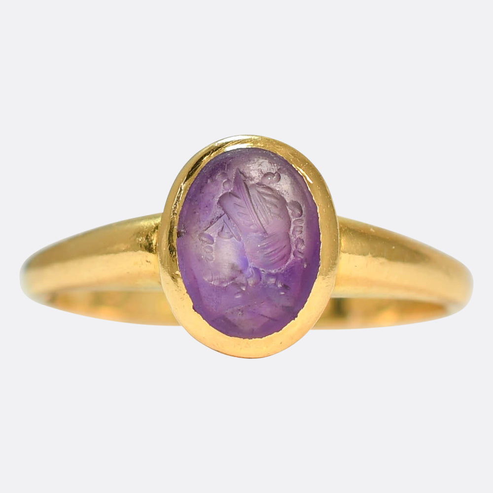 Edwardian Carved Amethyst Hera Solitaire Ring