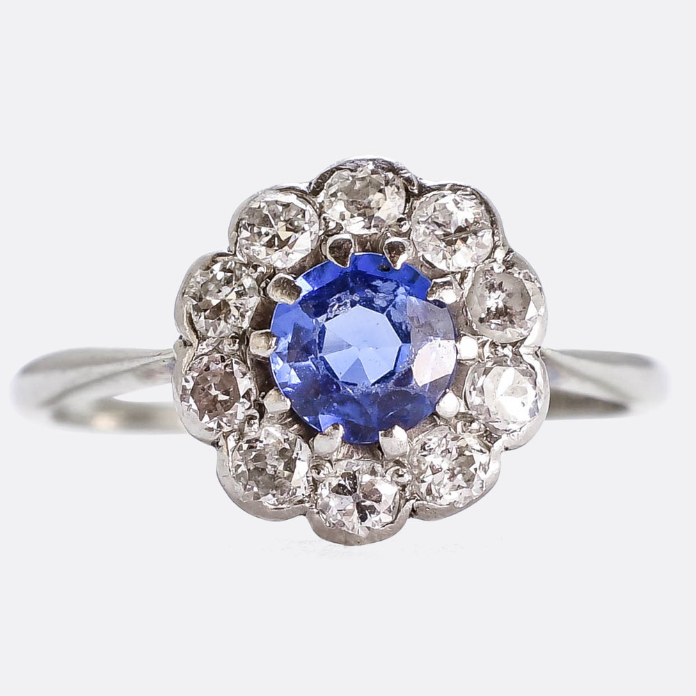 Edwardian Ceylon Sapphire & Diamond Cluster Ring