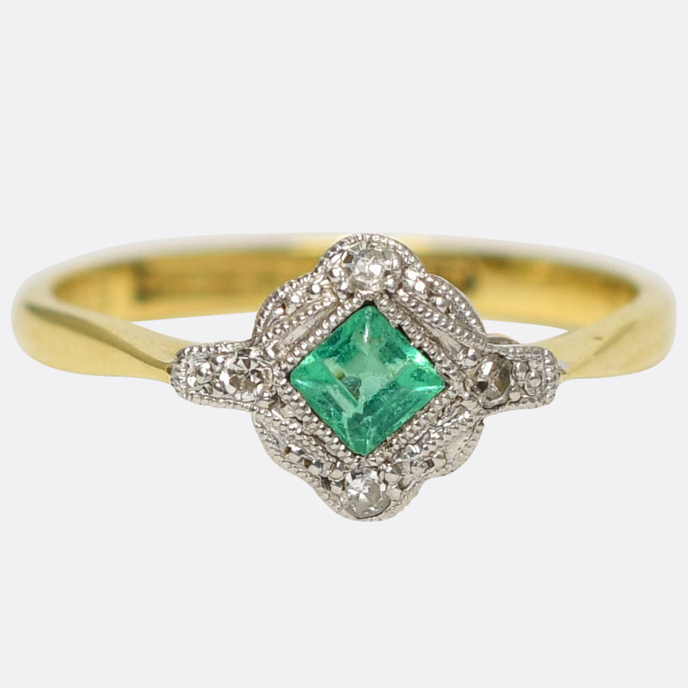 Edwardian Dainty Emerald & Diamond Cluster Ring