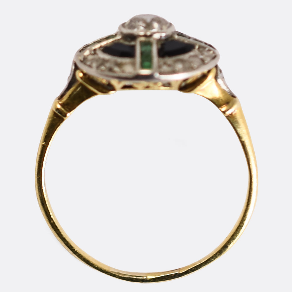 Edwardian Diamond Emerald and Onyx Target Ring