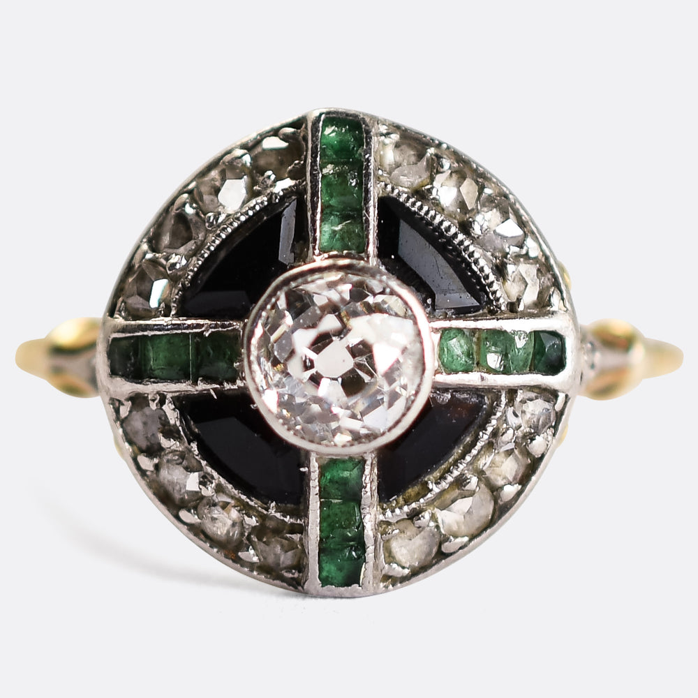 Edwardian Diamond Emerald and Onyx Target Ring