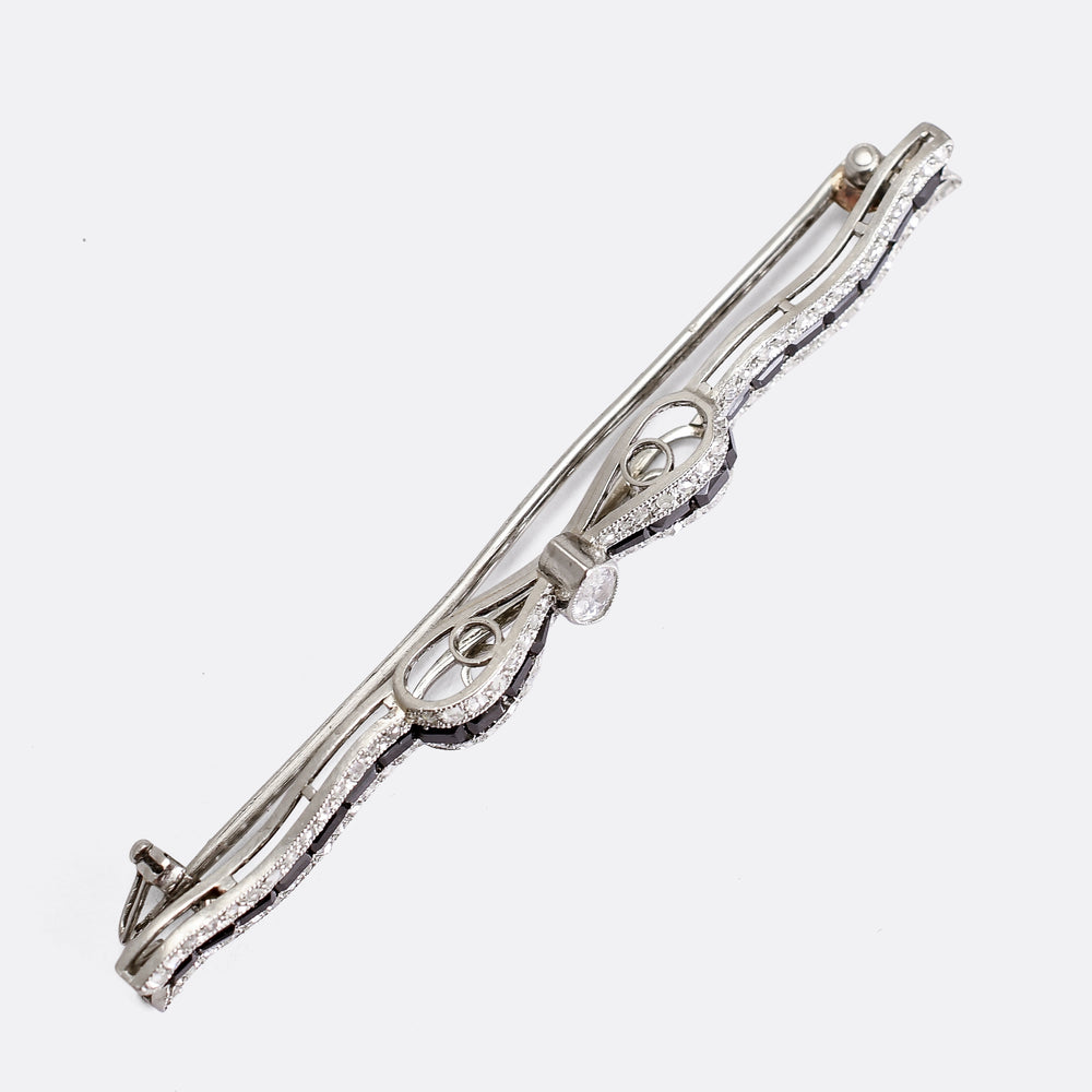 Edwardian Diamond & Onyx Bow Brooch