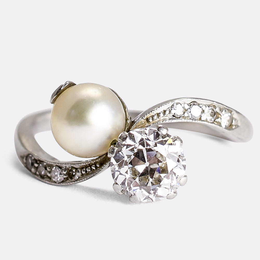 Edwardian Diamond & Pearl Crossover Ring