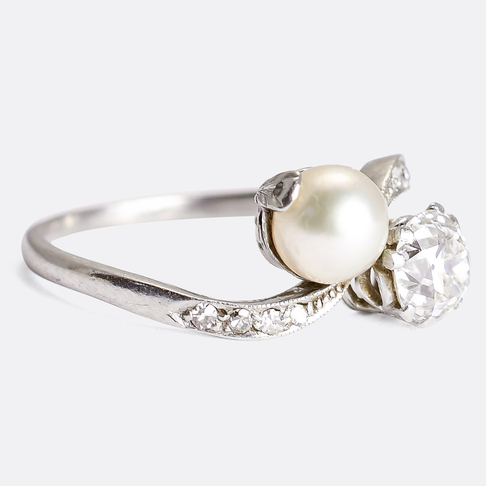 Edwardian Diamond & Pearl Crossover Ring