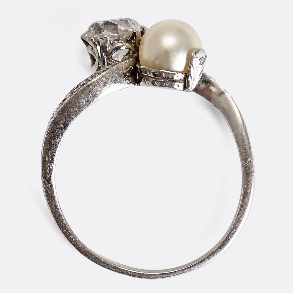 Edwardian Diamond & Pearl Crossover Ring