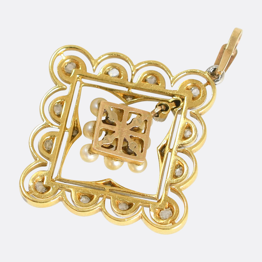 Edwardian Diamond & Pearl Picture Frame Pendant