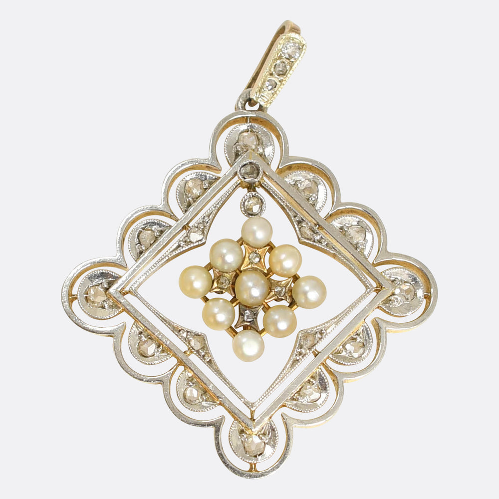 Edwardian Diamond & Pearl Picture Frame Pendant