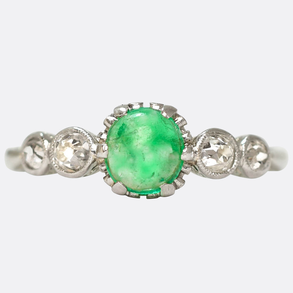 Edwardian Emerald Cabochon & Diamond 5-Stone Ring