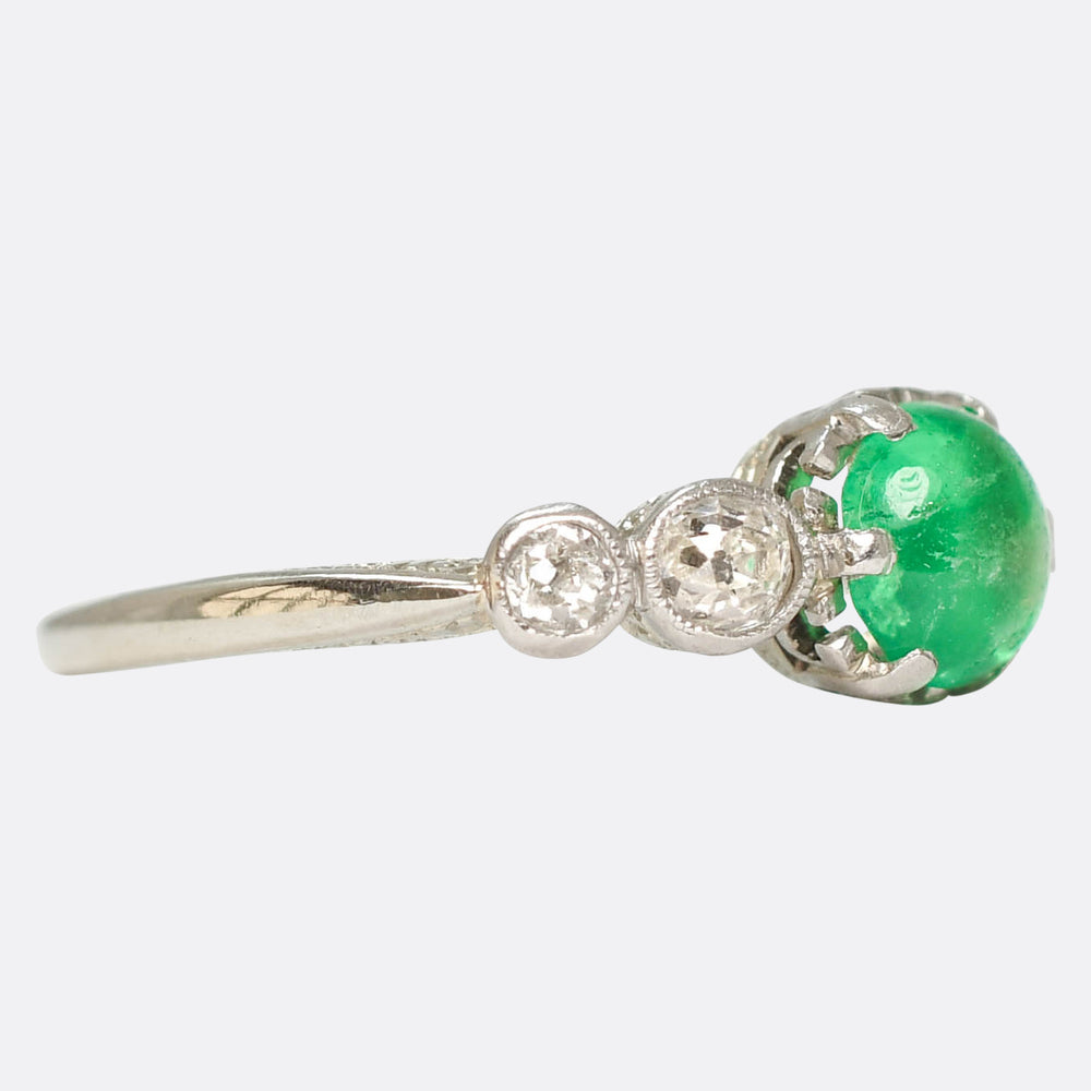 Edwardian Emerald Cabochon & Diamond 5-Stone Ring