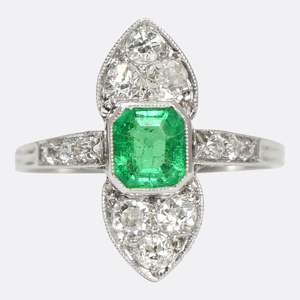 Edwardian Emerald & Diamond NorthSouth Cluster Ring