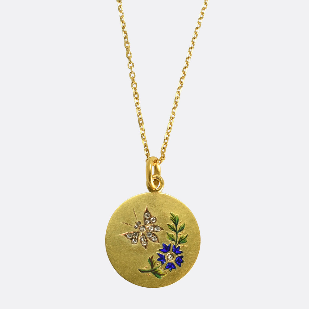 Edwardian French Diamond & Enamel Butterfly Pendant