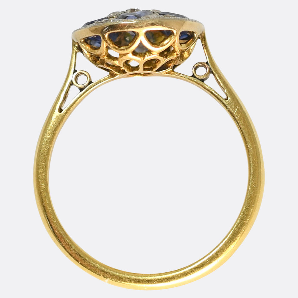 Edwardian Half-Moon Sapphire & Diamond Flower Cluster Ring