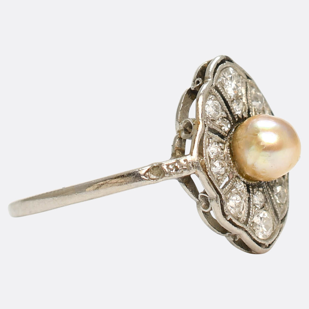 Edwardian Natural Pearl & Diamond Openwork Ring