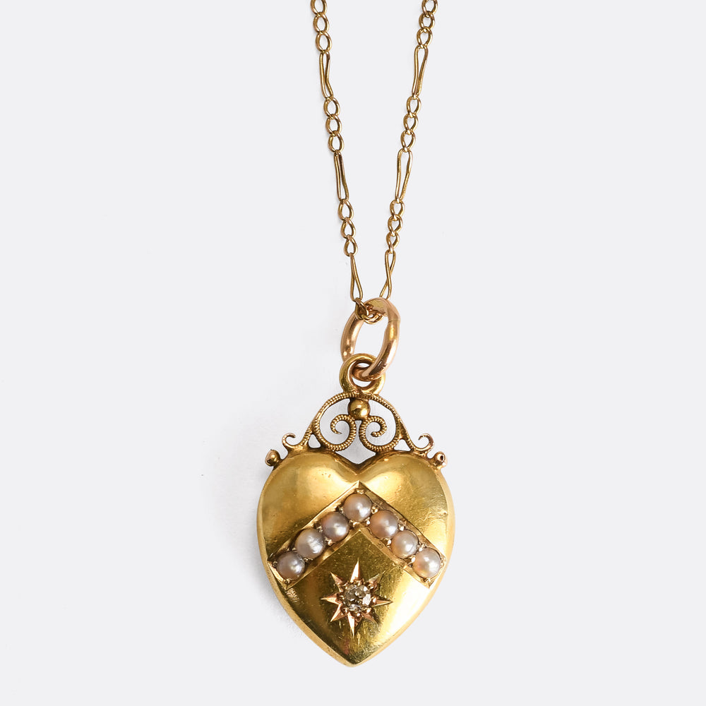 Edwardian Pearl Puffed Heart Pendant & Chain