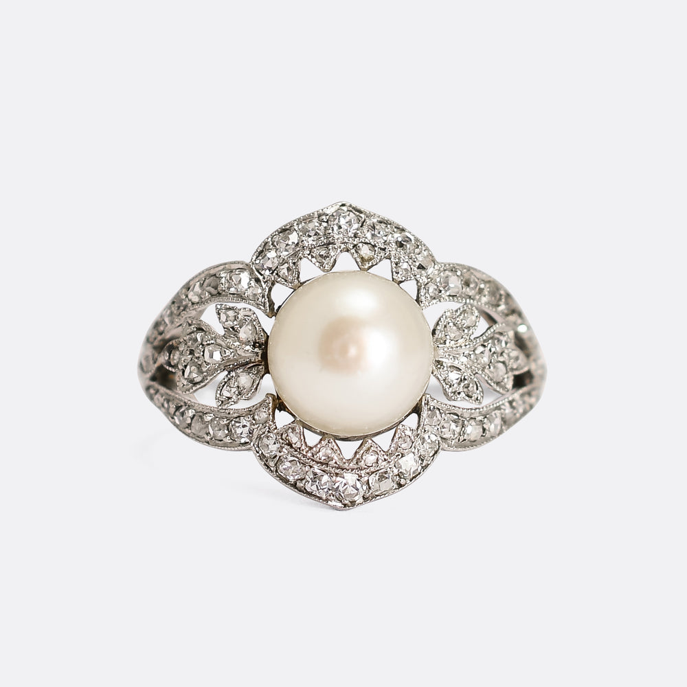 French Belle Epoque Pearl and Diamond Cocktail Ring