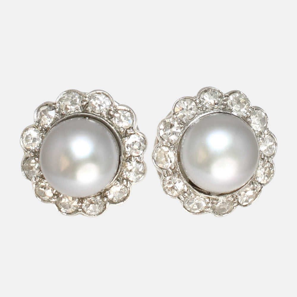 Edwardian Platinum Pearl & Diamond Cluster Earrings