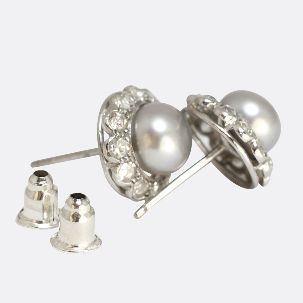 Edwardian Platinum Pearl & Diamond Cluster Earrings