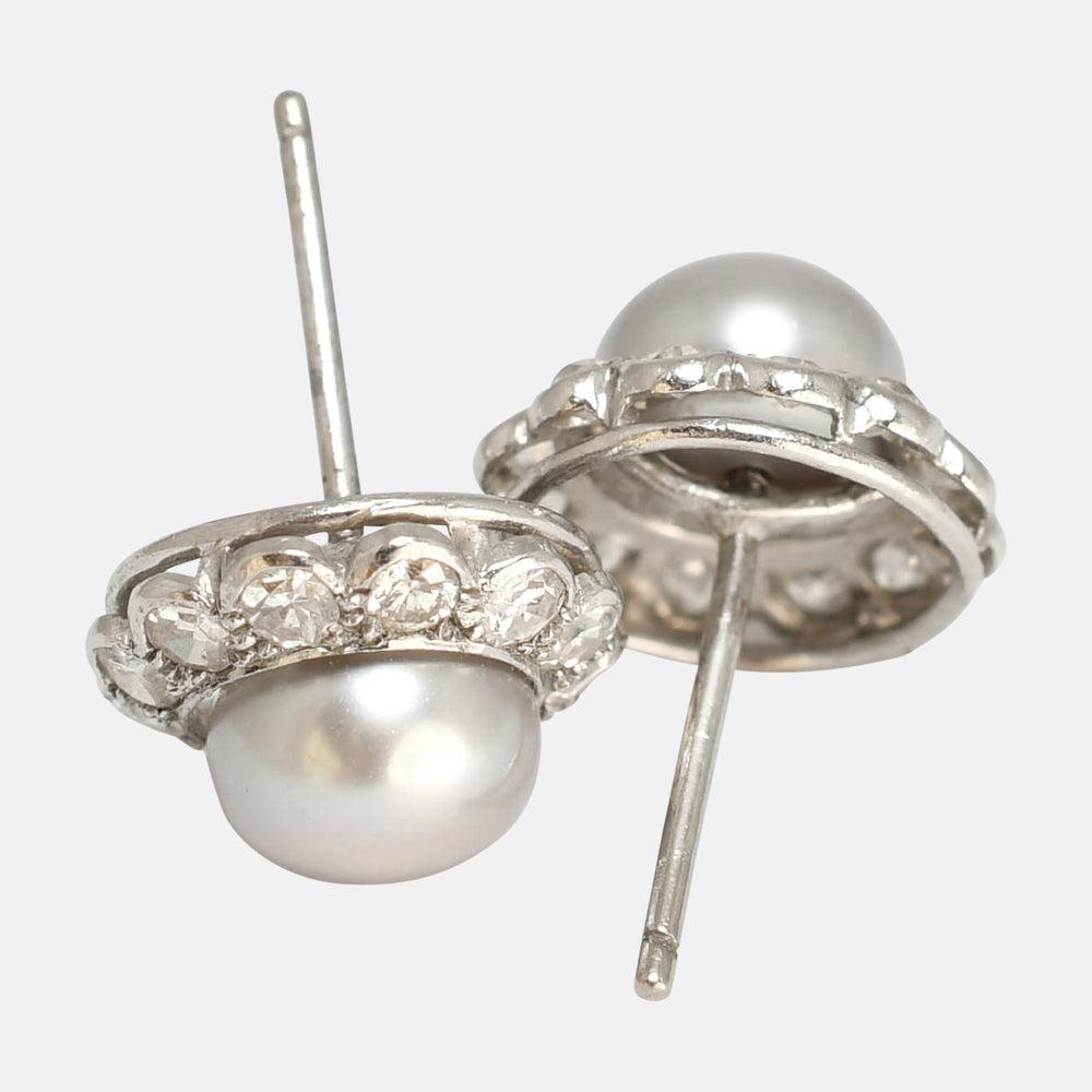 Edwardian Platinum Pearl & Diamond Cluster Earrings
