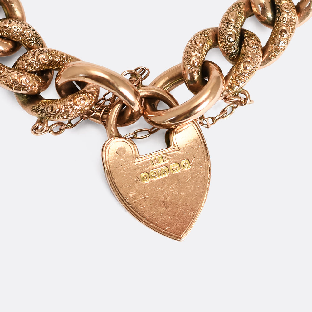 Edwardian Rose Gold Curb-Link Heart Padlock Bracelet