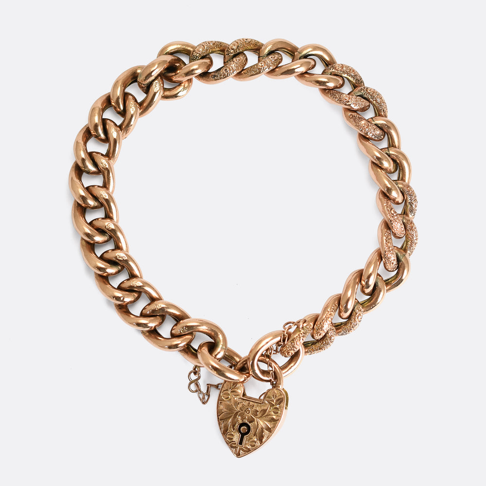 Edwardian Rose Gold Curb-Link Heart Padlock Bracelet
