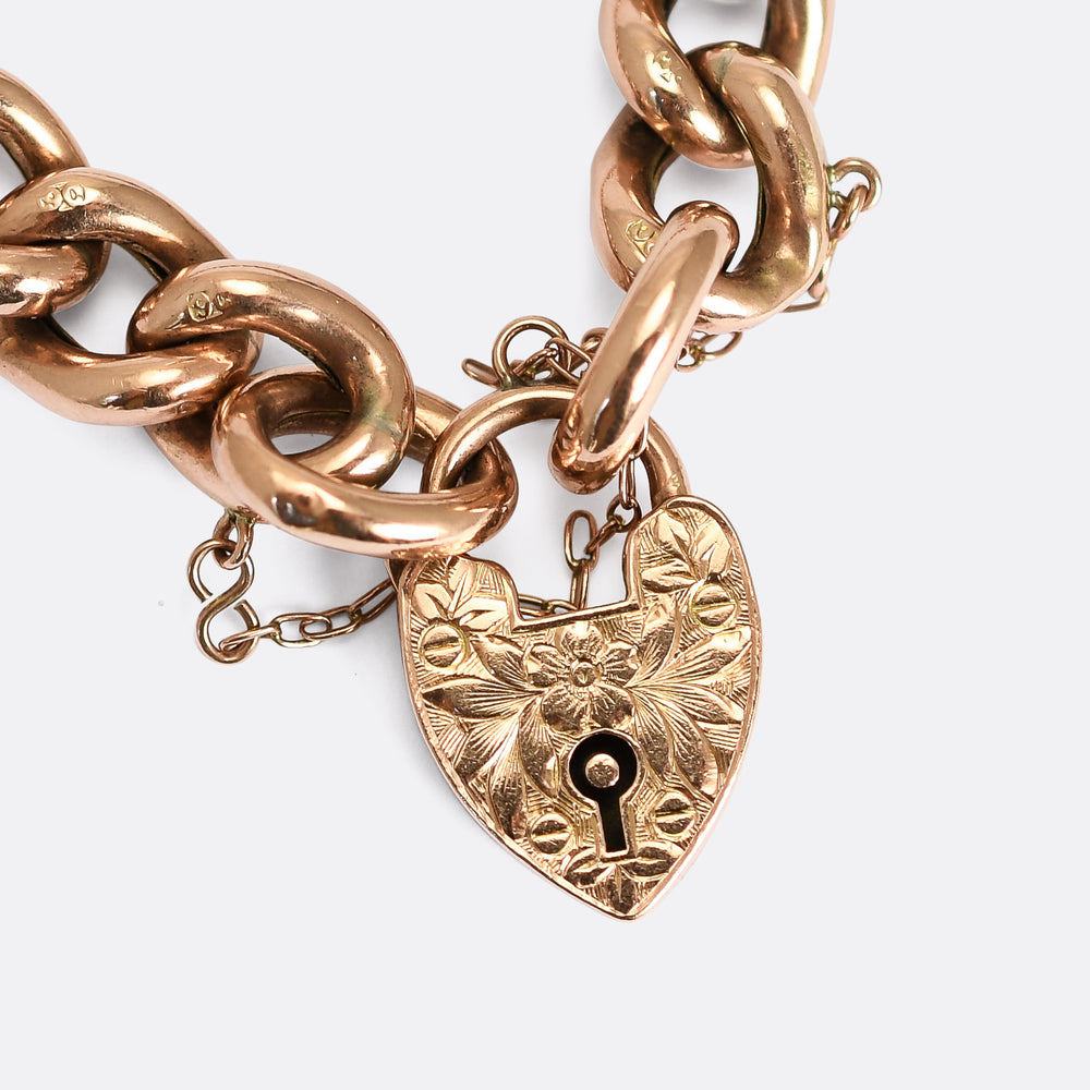 Edwardian Rose Gold Curb-Link Heart Padlock Bracelet