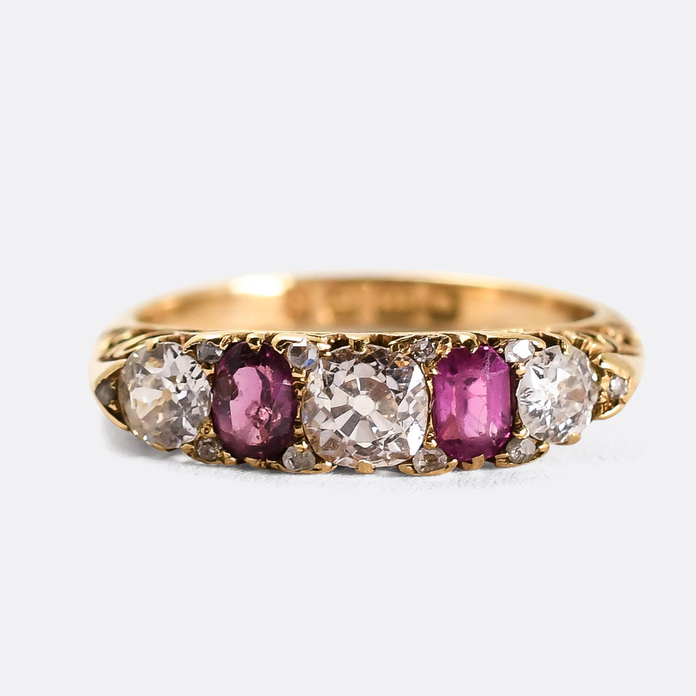 Edwardian Ruby & Diamond Scrolled 5-Stone Ring