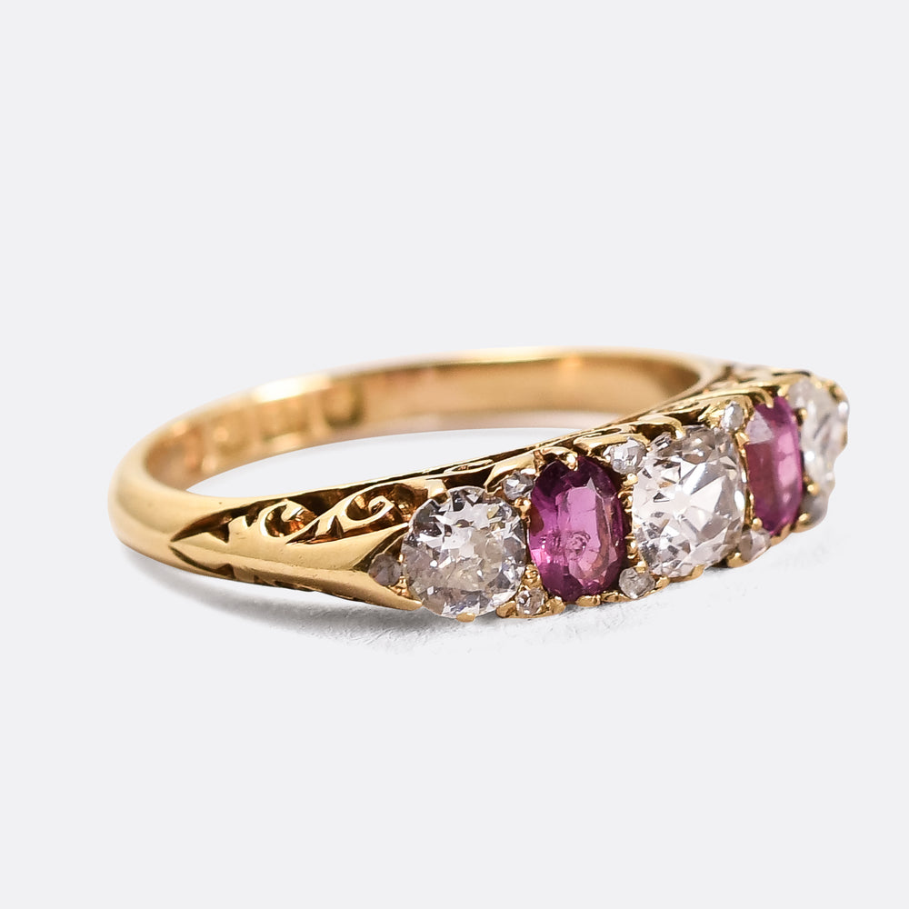 Edwardian Ruby & Diamond Scrolled 5-Stone Ring