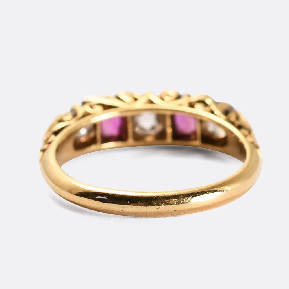 Edwardian Ruby & Diamond Scrolled 5-Stone Ring