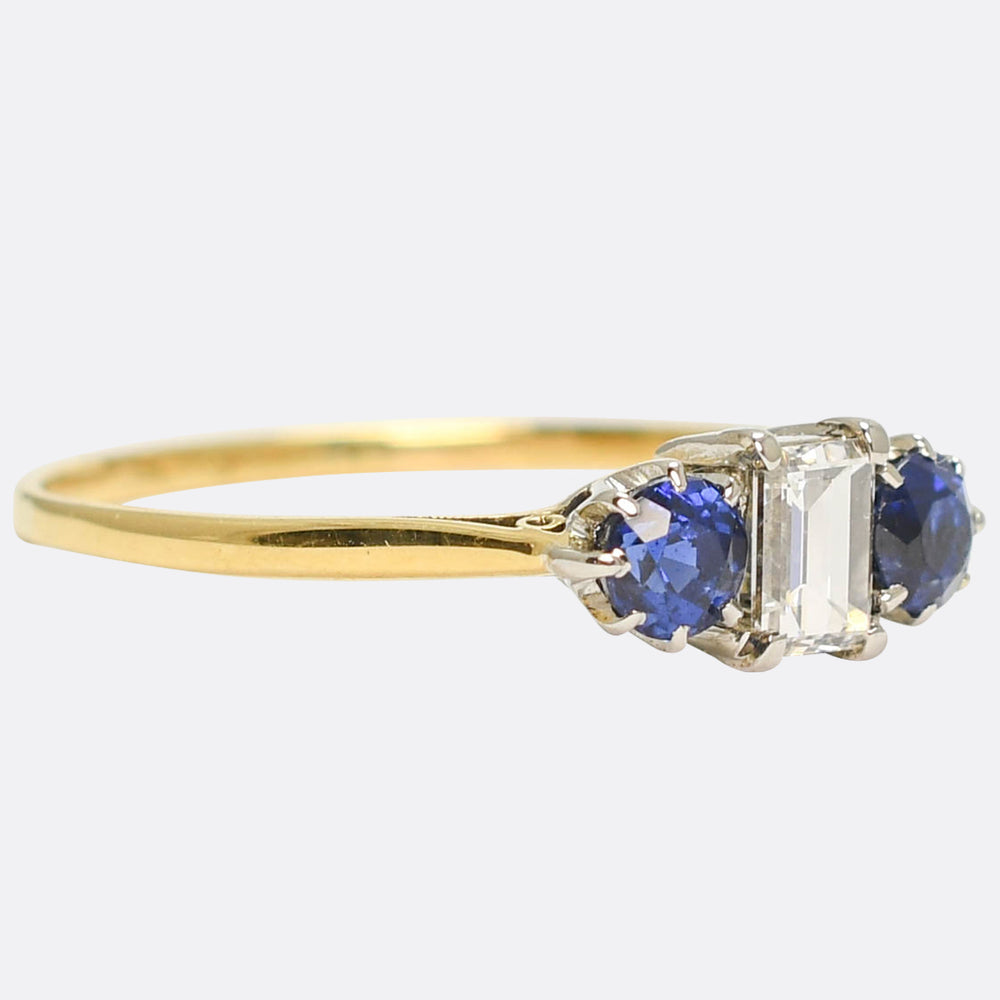 Edwardian Sapphire & Baguette Diamond Trilogy Ring