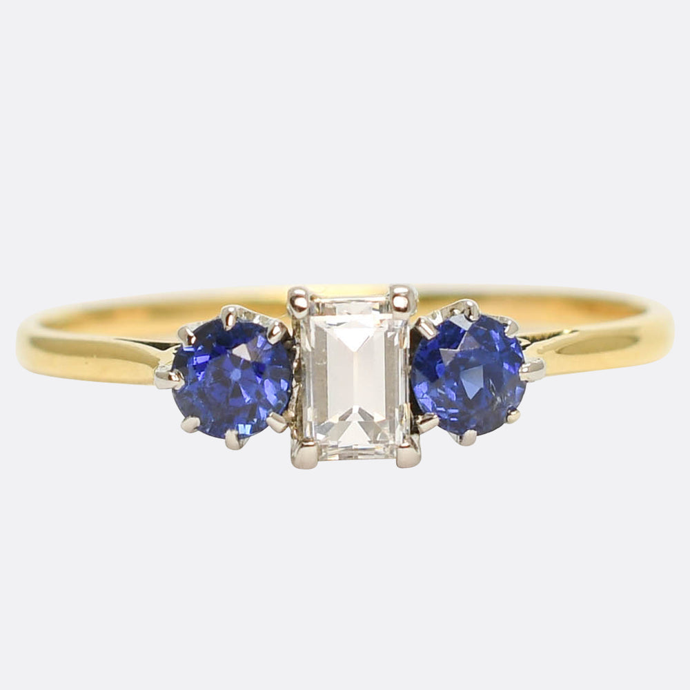 Edwardian Sapphire & Baguette Diamond Trilogy Ring