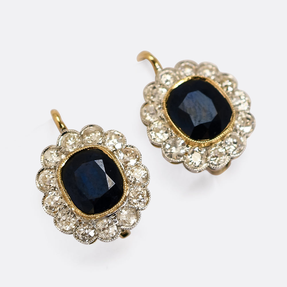 Edwardian Sapphire & Diamond Flower Cluster Earrings